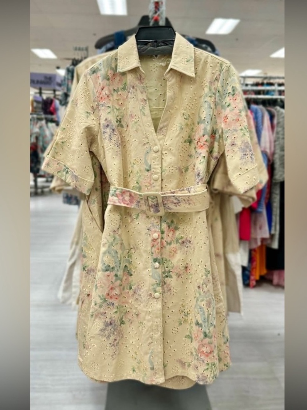 Beige Floral Eyelet Button-Up Dress with Belt